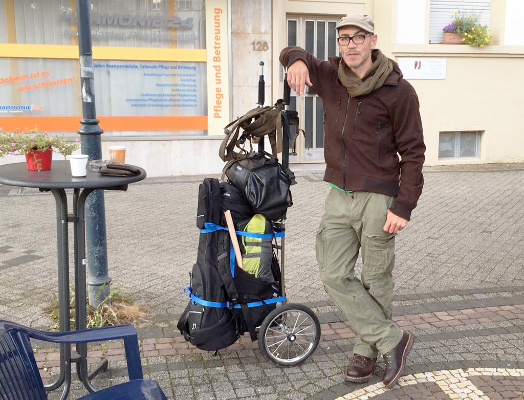 Stani Holzmeier and his DIY hiking trailer.