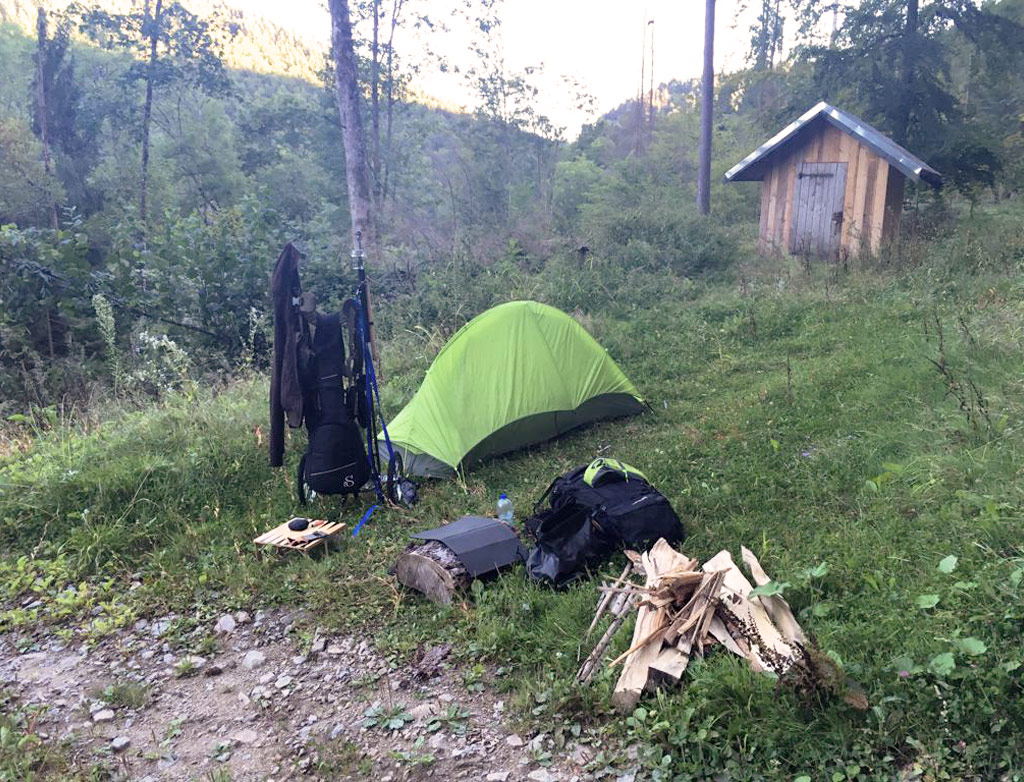 Wild camping in the woods.