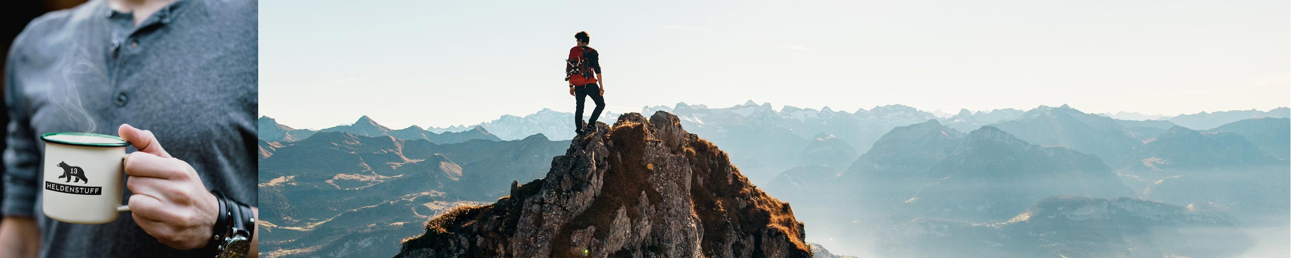 A man with a backpack summiting a mountain and enjoying the panorama.