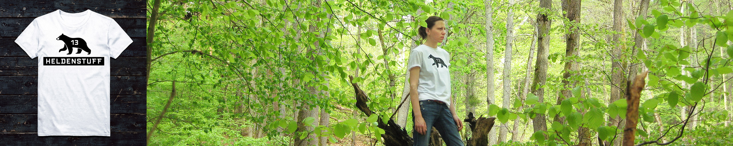 A woman wearing a heldenstuff logo T-shirt in the forest.